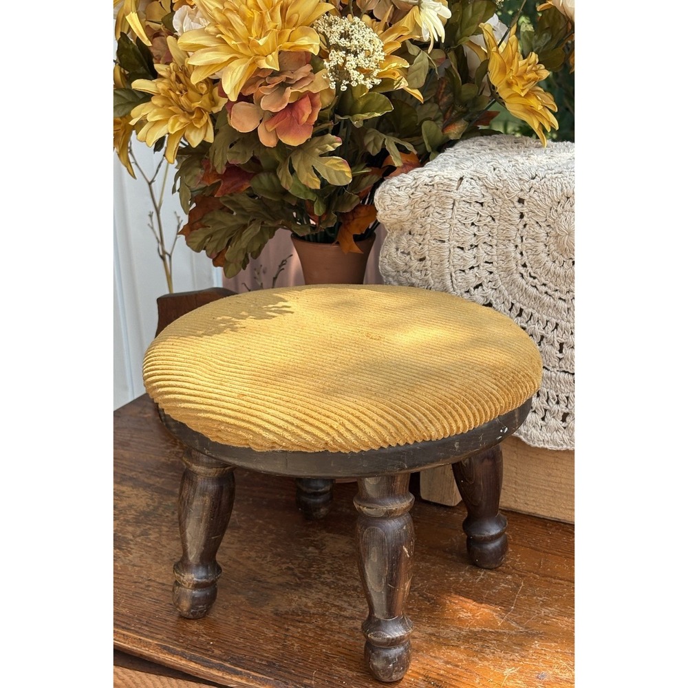 Vintage Yellow Gold Covered Wooden Foot Stool Milk Stool Riser Country Farmhouse